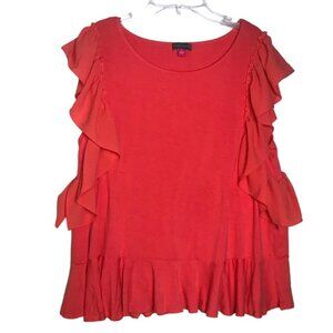 Vince Camuto Butterfly Flutter Sleeves Top Ruffle Fairy Red Tee Shirt Stretch L
